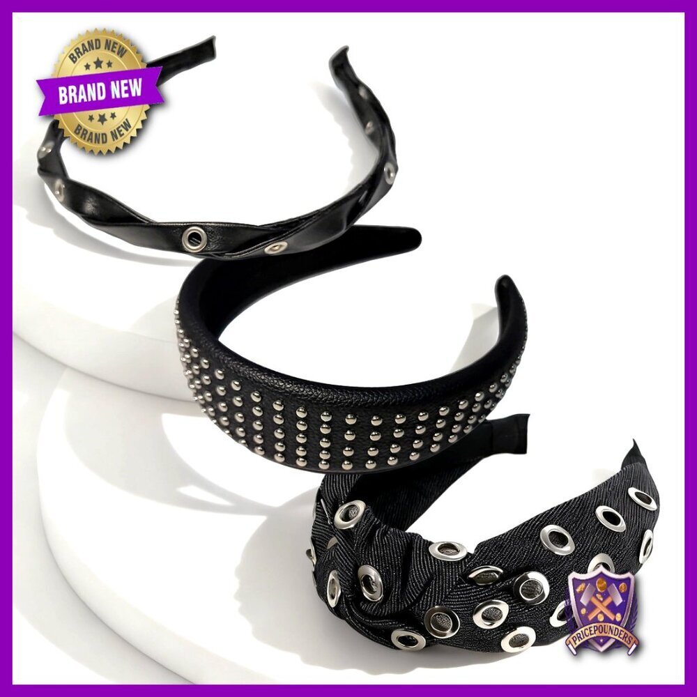 3-Piece Punk Headband Set Braided Studded Denim Y2K Grunge Hair Accessories